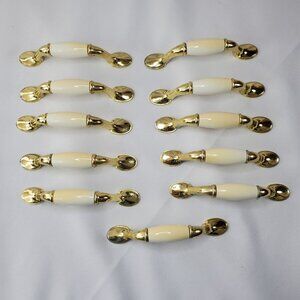 VTG Drawer Pulls 5" Handles Brass White Porcelain Cottage Farmhouse Set Of 11